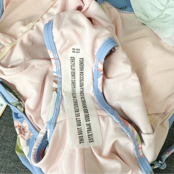 Kona Sol Floral One Piece Swimsuit Blue Pink Ruffle NWT Large - Picture 12 of 12